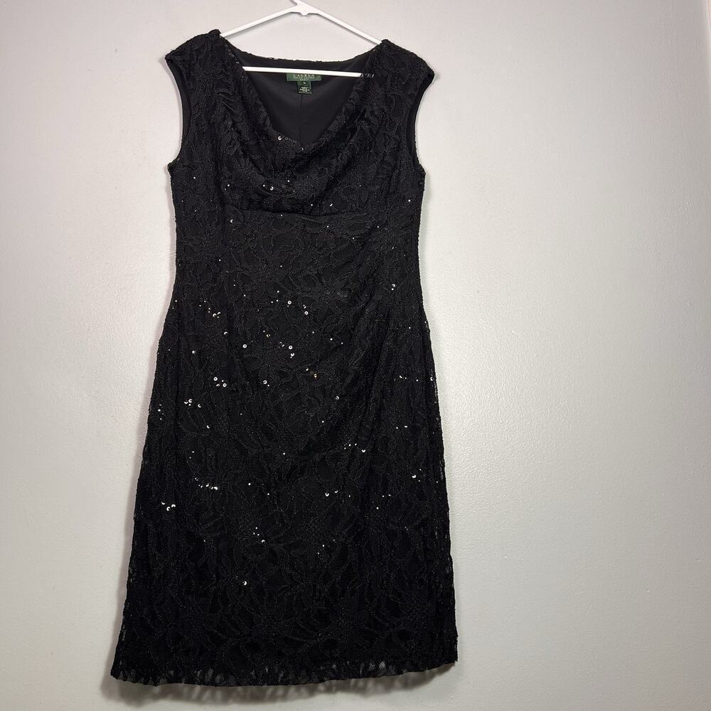 Ralph Lauren Sleeveless black sequined lace cocktail evening dress Black Sz 14